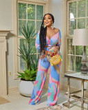 Fashion Irregular Pattern Long Sleeve Trousers V-Neck Two-Piece Set