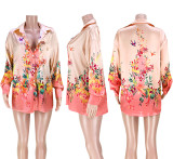 Sexy Light Gradient Contrast Flower and Bird Print Long Shirt
