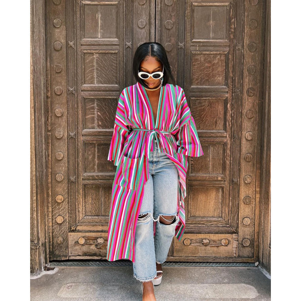 Stylish Stripe Slit Pocket Tie Loose Long Jacket