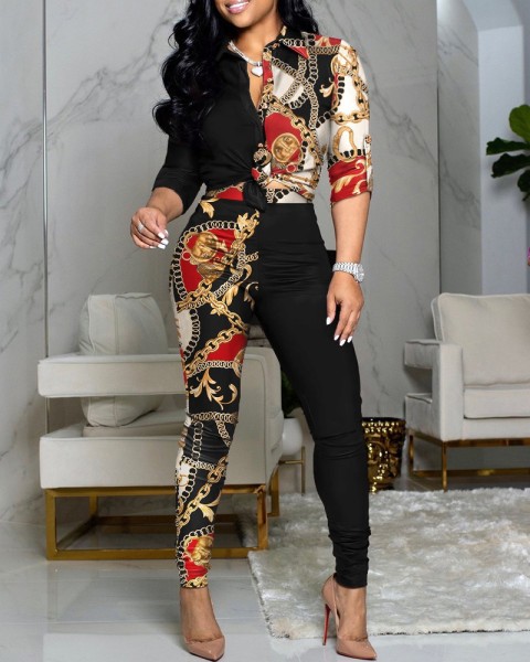 Casual Suit Colorblock Print Long Sleeve Lapel Shirt Casual Pants Two Piece Set