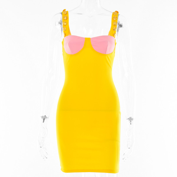 Contrast color low-cut hot girl short skirt fashion all-match backless tight waist suspender dress