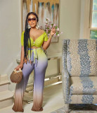 Women's Fashion Simple Gradient Color V-Neck Short-Sleeve Trousers Two-Piece Set