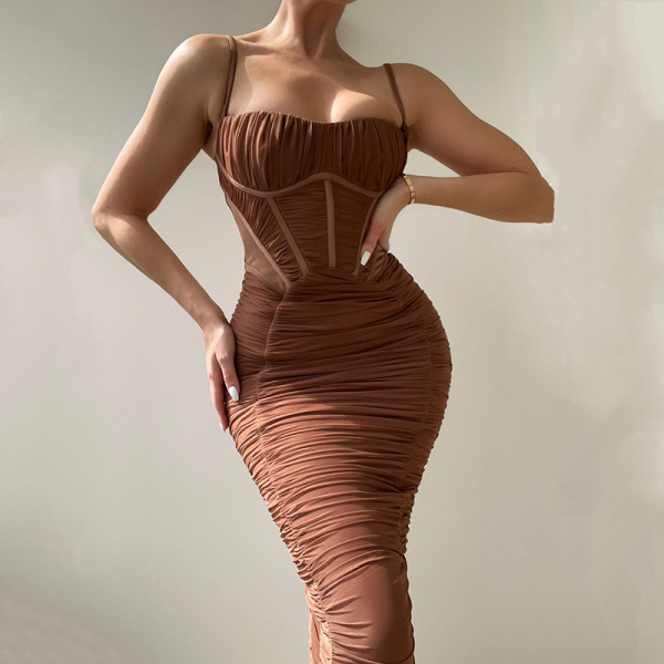 Sexy hot girl backless tight temperament waist pleated long skirt