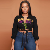 Women's Sexy Fashion Crop Navel Print Tie-Up Long Sleeve T-Shirt