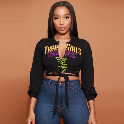 Women's Sexy Fashion Crop Navel Print Tie-Up Long Sleeve T-Shirt