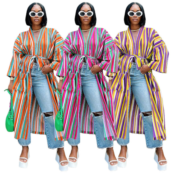 Stylish Stripe Slit Pocket Tie Loose Long Jacket