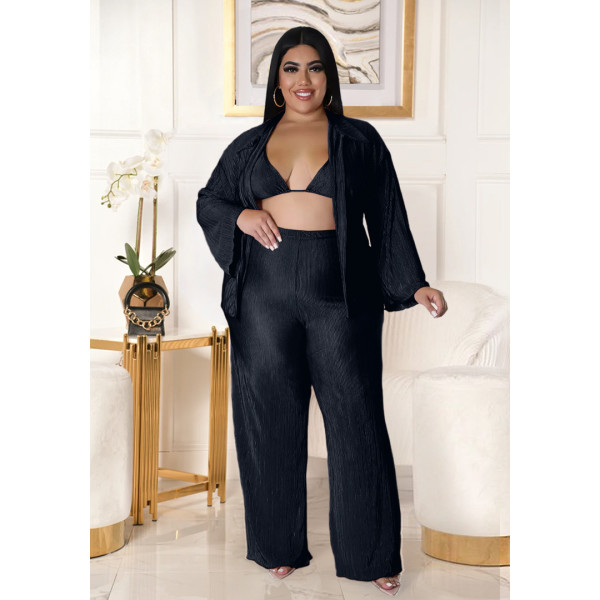 Fashion Plus Size Women's Solid Color Light Pressed Pleated Wide Leg Pants 3-Piece Set