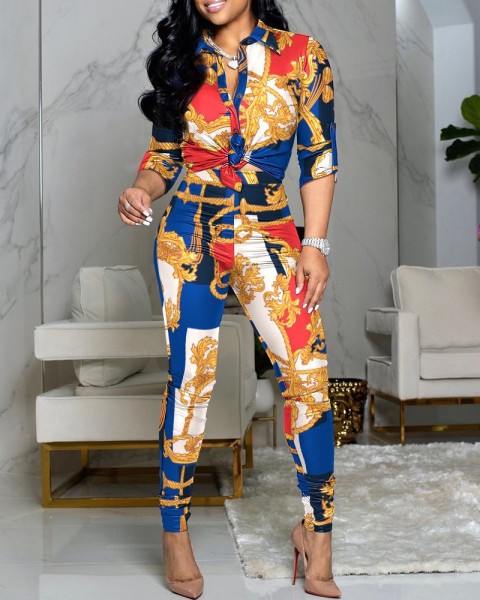 Casual Suit Colorblock Print Long Sleeve Lapel Shirt Casual Pants Two Piece Set