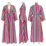 Stylish Stripe Slit Pocket Tie Loose Long Jacket
