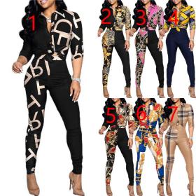 Casual Suit Colorblock Print Long Sleeve Lapel Shirt Casual Pants Two Piece Set