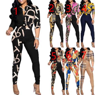 Casual Suit Colorblock Print Long Sleeve Lapel Shirt Casual Pants Two Piece Set