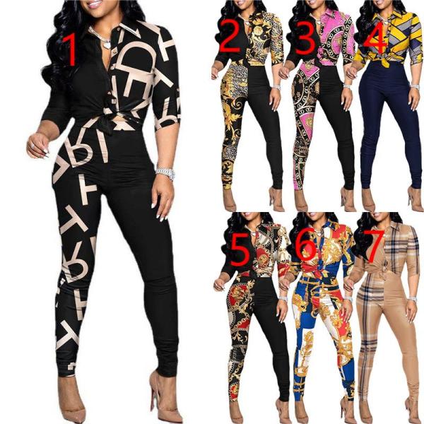Casual Suit Colorblock Print Long Sleeve Lapel Shirt Casual Pants Two Piece Set