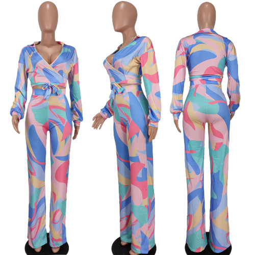 Fashion Irregular Pattern Long Sleeve Trousers V-Neck Two-Piece Set