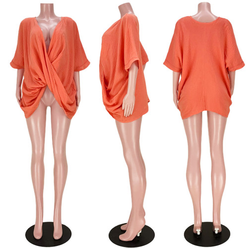 Pure cotton casual loose solid color wrinkled fabric twist V-neck top