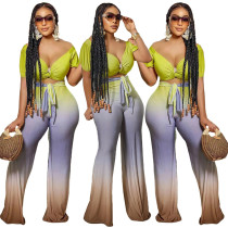 Women's Fashion Simple Gradient Color V-Neck Short-Sleeve Trousers Two-Piece Set