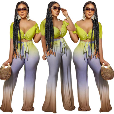 Women's Fashion Simple Gradient Color V-Neck Short-Sleeve Trousers Two-Piece Set