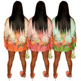 Sexy Light Gradient Contrast Flower and Bird Print Long Shirt