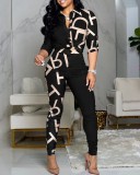 Casual Suit Colorblock Print Long Sleeve Lapel Shirt Casual Pants Two Piece Set