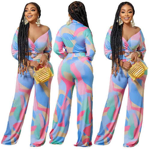 Fashion Irregular Pattern Long Sleeve Trousers V-Neck Two-Piece Set