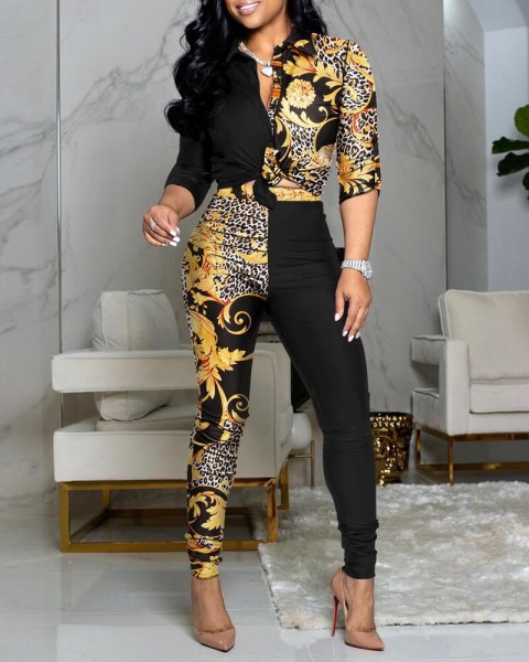 Casual Suit Colorblock Print Long Sleeve Lapel Shirt Casual Pants Two Piece Set