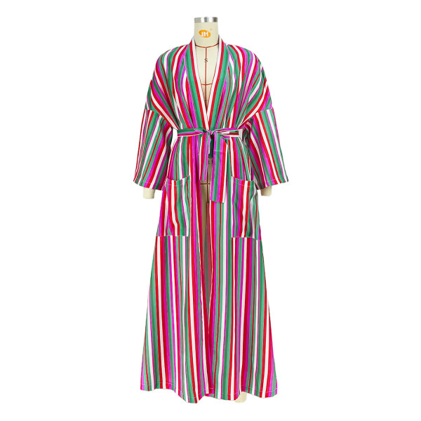 Stylish Stripe Slit Pocket Tie Loose Long Jacket