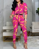 Casual Suit Colorblock Print Long Sleeve Lapel Shirt Casual Pants Two Piece Set