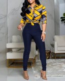 Casual Suit Colorblock Print Long Sleeve Lapel Shirt Casual Pants Two Piece Set