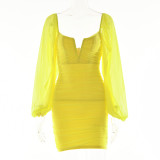 Fashion sexy women's temperament V-neck short skirt mesh long-sleeved open-back dress