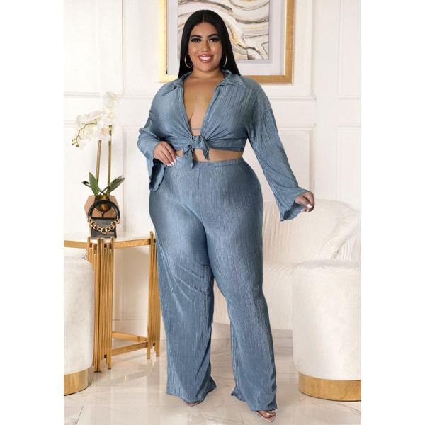 Fashion Plus Size Women's Solid Color Light Pressed Pleated Wide Leg Pants 3-Piece Set