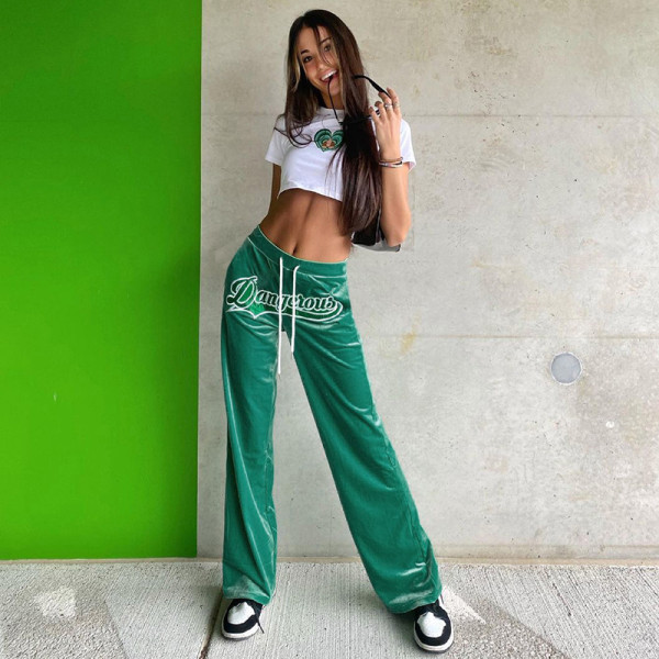 Color Letters Mid Waist Tie Bag Hip Casual Women's Trousers