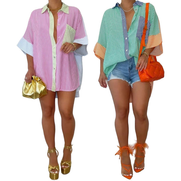Striped Button Pocket Loose Front Short Back Long Shirt
