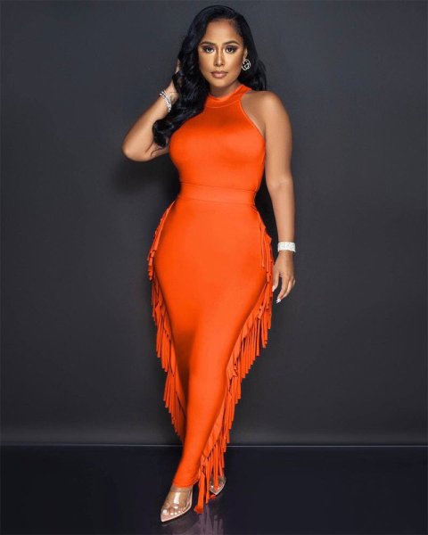 Women's Solid Color Neck Waist Fringe Tight Two-Piece Set