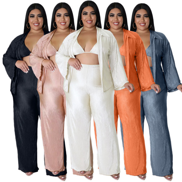 Fashion Plus Size Women's Solid Color Light Pressed Pleated Wide Leg Pants 3-Piece Set