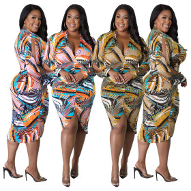 Fashion V-Neck Printed Slit Pleated Hollow Sleeve Dress