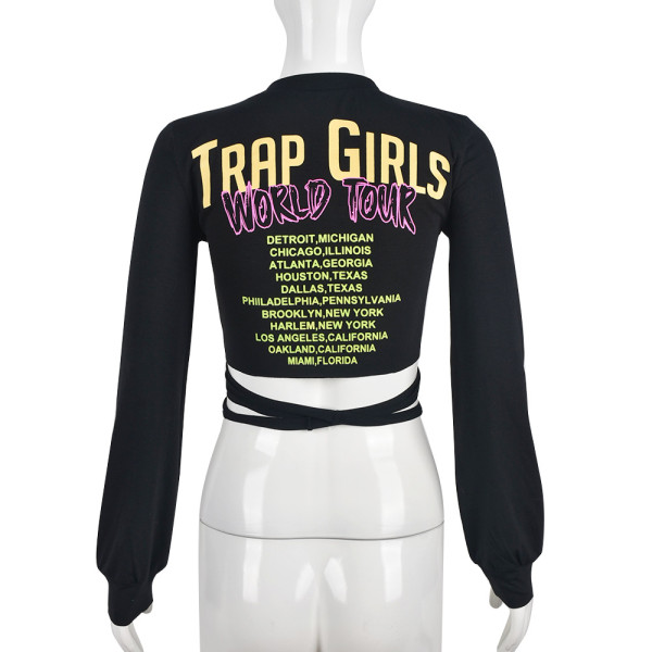 Women's Sexy Fashion Crop Navel Print Tie-Up Long Sleeve T-Shirt