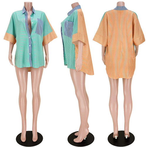 Striped Button Pocket Loose Front Short Back Long Shirt