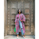 Stylish Stripe Slit Pocket Tie Loose Long Jacket