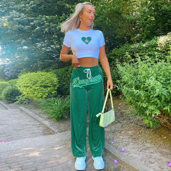 Color Letters Mid Waist Tie Bag Hip Casual Women's Trousers
