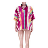 Sexy Front Short Back Long Fashion Casual Colorful Striped Loose Shirt