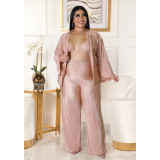 Fashion Plus Size Women's Solid Color Light Pressed Pleated Wide Leg Pants 3-Piece Set