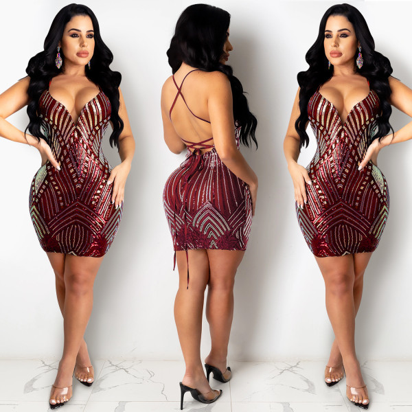 Nightclub Sexy Sequins Sling V-Neck Dress Skirts