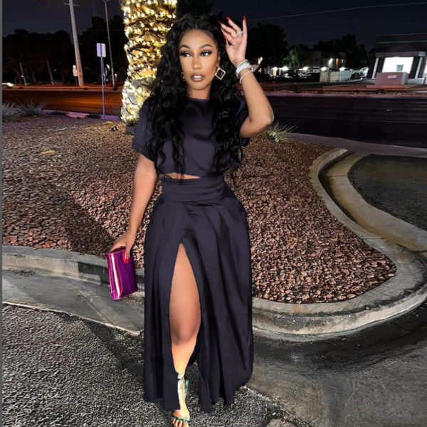 Solid Color Slit Pleated Skirt Fashionable Women's Two-piece Set