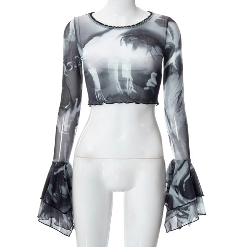 Printed Crew Neck Pullover Flare Long Sleeve Cropped Navel Casual Top