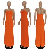 Fashion Solid Color Sexy Backless Halter Dress