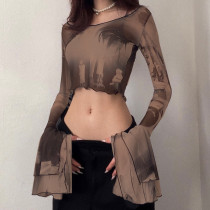 Printed Crew Neck Pullover Flare Long Sleeve Cropped Navel Casual Top