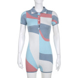 Contrast color stitching basic slim POLO button cardigan short sleeve fashion sports wool jumpsuit
