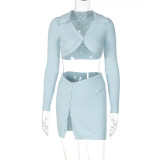 Sexy Cropped Navel POLO Collar Long Sleeve Top Piece Button Slit Skirt Set