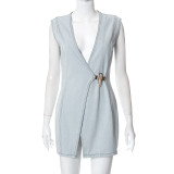 Solid Metal Button Sleeveless A-Line Denim Dress