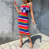 Fashion Sleeveless Contrast Plaid Long Slim Fit Hip Knit Dress
