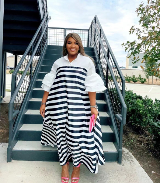 Sexy Ladies Sexy Striped Split Ruffle Sleeve Contrast Shirt Dress